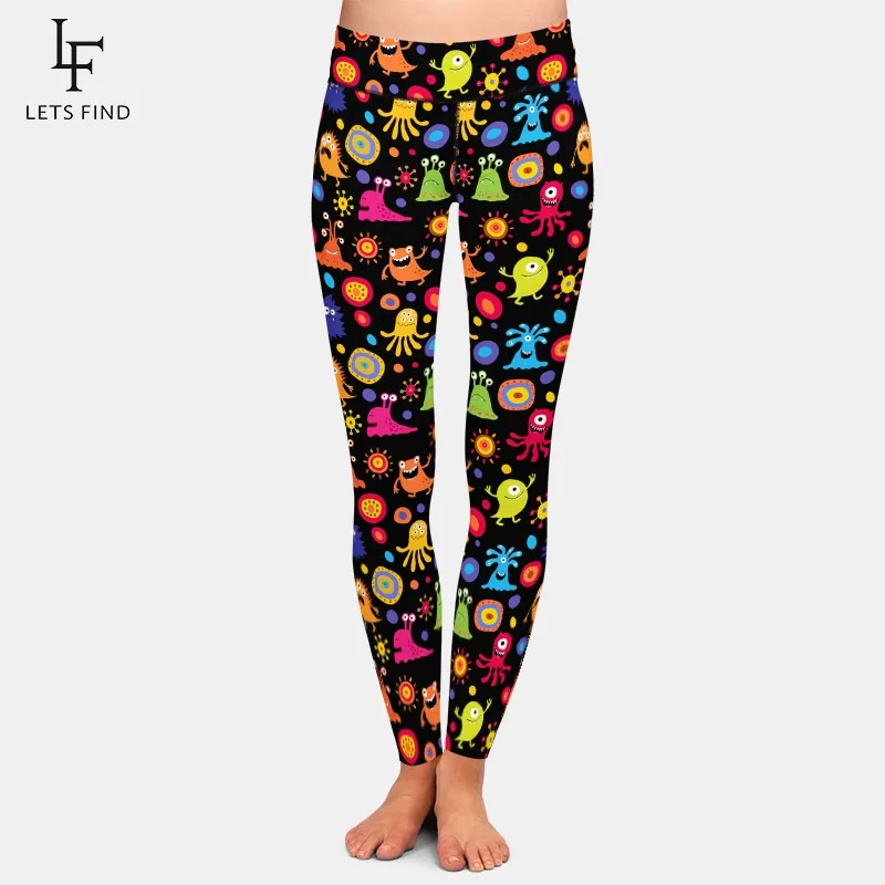 LETSFIND 2020 Cute Cartoon Monsters Printing Women Soft Slim  Pants High Waist Fitness Elastic Leggings