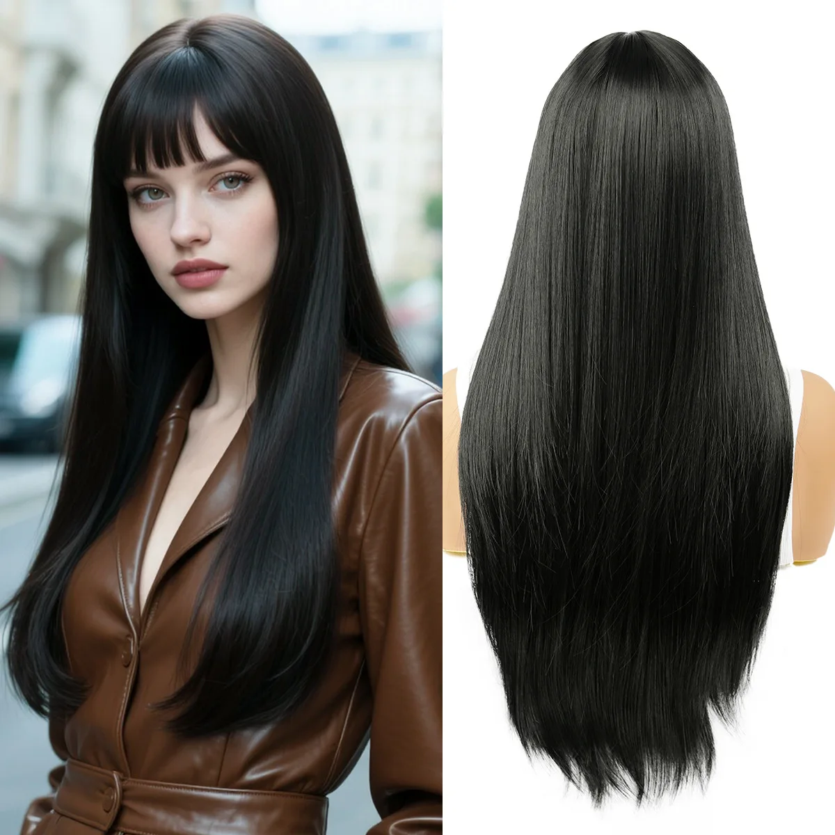 

European and American natural black Qi bangs long straight hair wig female hot-selling chemical fiber full headgear