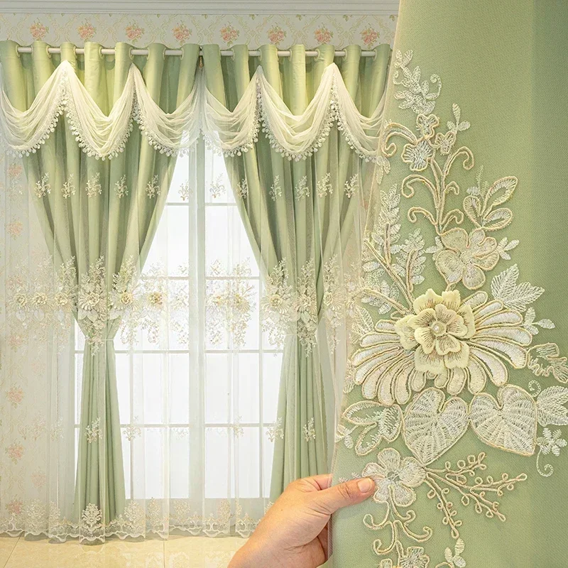 European Embroidery Double Curtains for Living Dining Room Bedroom Embossed Tulle Partition Door Window Curtains Customize