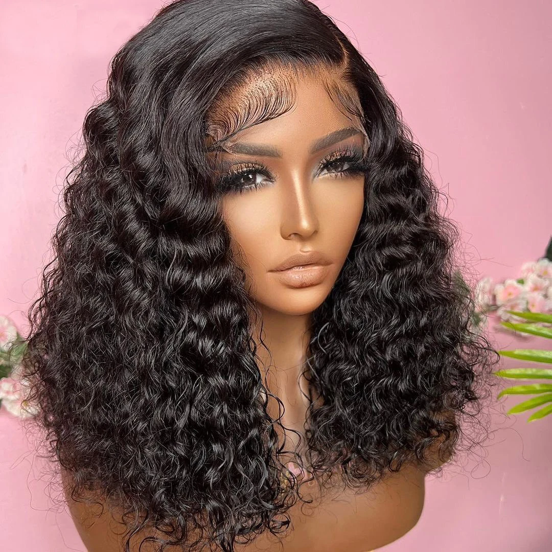 Perruque Bob Lace Front Wig naturelle bouclée, cheveux courts, Deep Wave, transparent, Loose Deep Wave, pour femmes