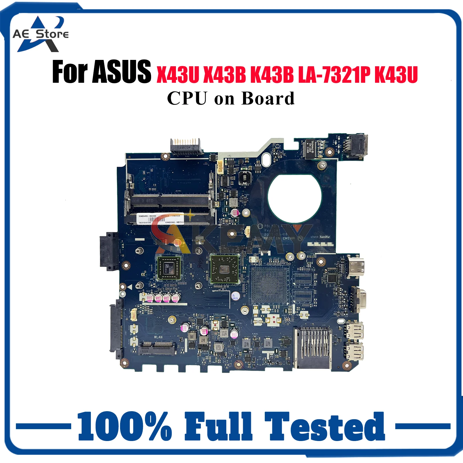 

LA-7321P Laptop Motherboard For ASUS X43B K43U X43U K43U K43B Notebook Mainboard With CPU 100% tests OK fast shipping stk