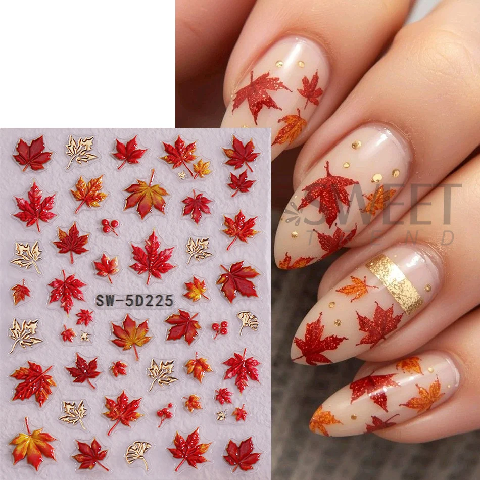 2 Stück 5D geprägte Ahornblatt-Nagelkunst-Aufkleber, herbstrotte Ahornblätter mit goldenen Adern, selbstklebende Nagelsticker, Herbst-Maniküre-Dekoration – Detail 4