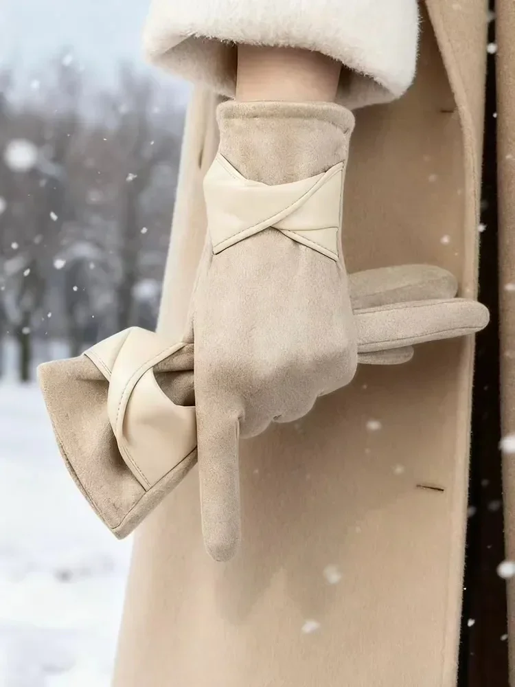 Ladies' Warm Windproof Gloves Suede Velvet Gloves Simple Fashion Touch Screen Gloves Winter Outings Versatile Accessories ﻿