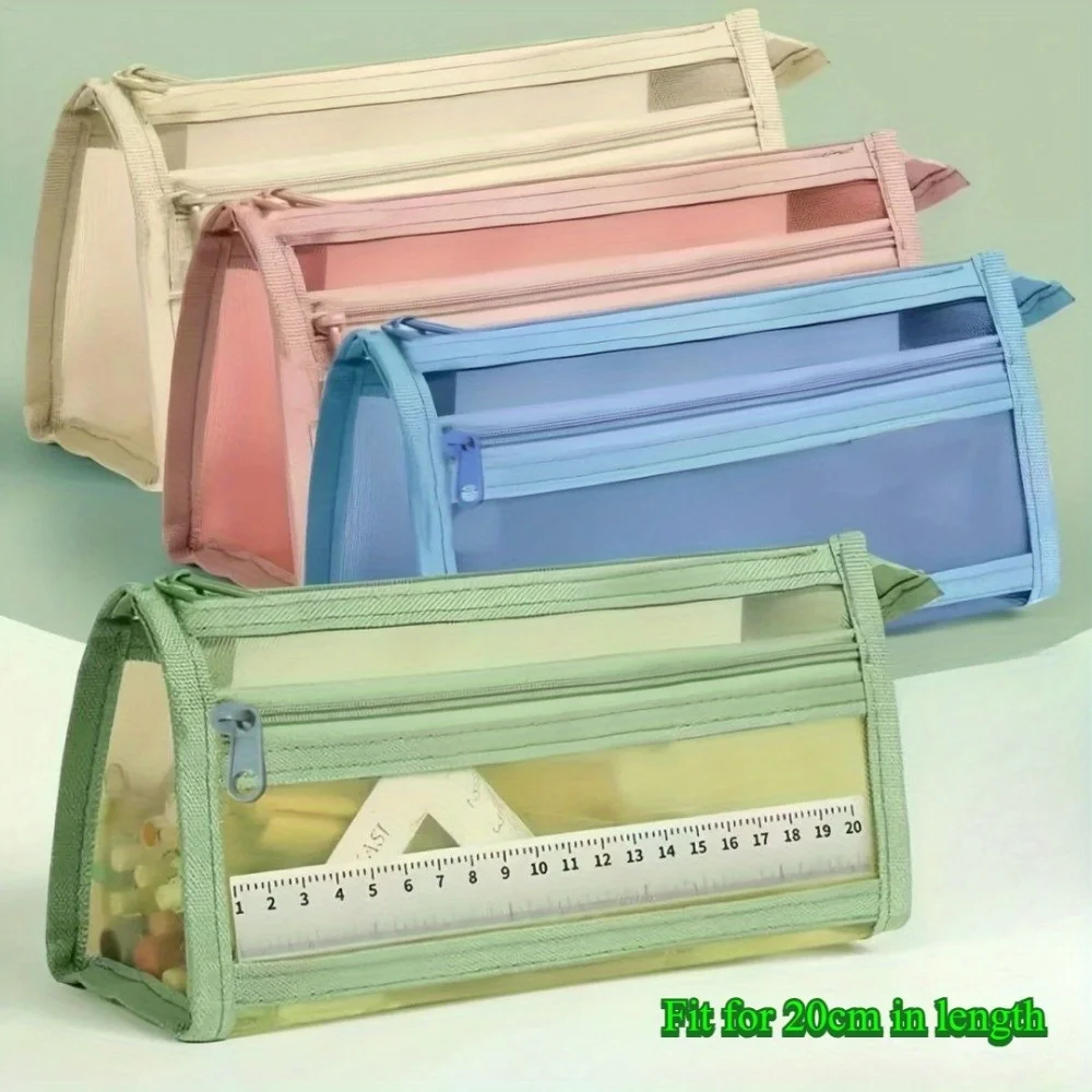 2/4 Pack with Random Colors, Triangular Mesh Storage Pencil Case, Transparent Mesh Student Exam Stationery Bag, Children's Pencil Bag, Double-Layer Three-Dimensional Large-Capacity Stationery Box
