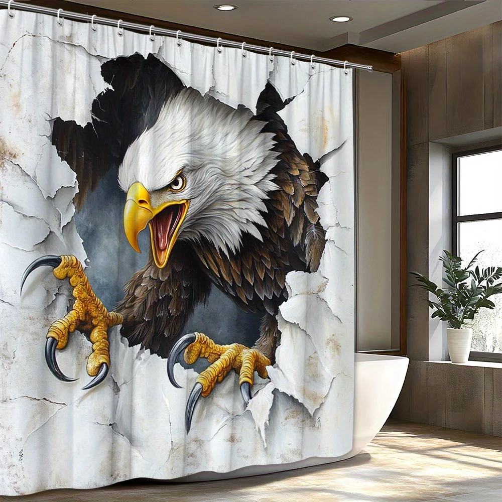 1pc Bald Eagle Breaking Through Wall Shower Curtain - American Bald Eagle Bathroom Decor with Dramatic Talons & Beak