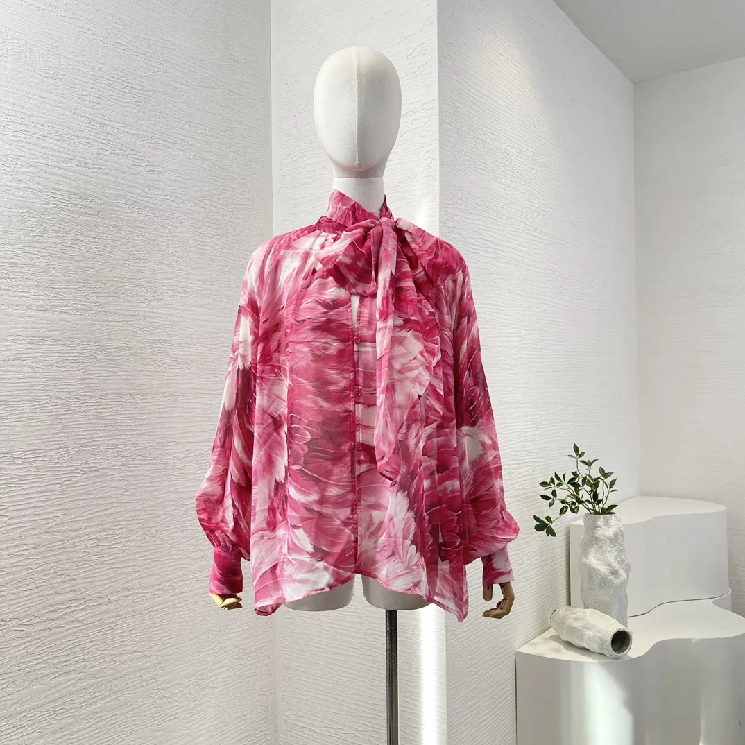 

2024 Vacation Rose Red Flowers Print Long Sleeve Stand Collar Blouse Tops Summer and Fall