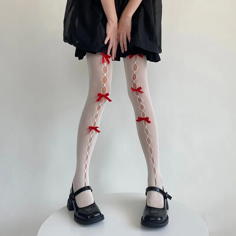 Women\'s Three Bowknot Tights Hollowed-out Fishnet Stockings Mesh Summer Thin Velvet Bow Lolita Japanese Y2k Girls Pantyhose