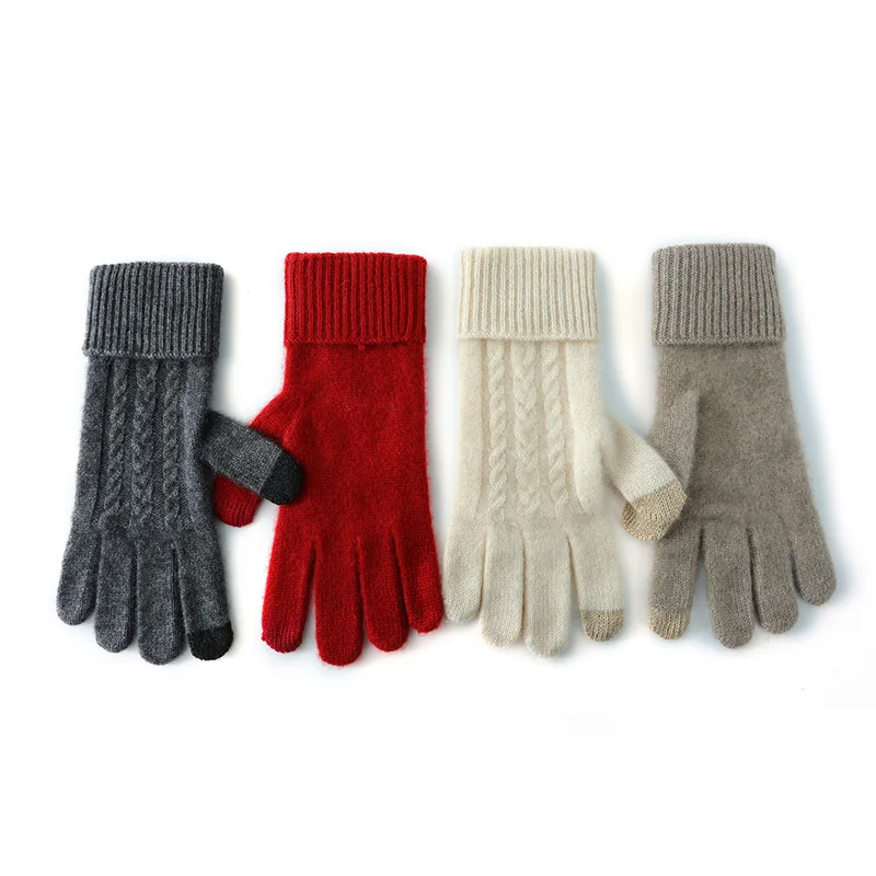 Winter High-Quality 100% Real Cashmere Touch Screen Gloves Women Soft Warm Stretch Knit Mittens Full Finger Guantes Female