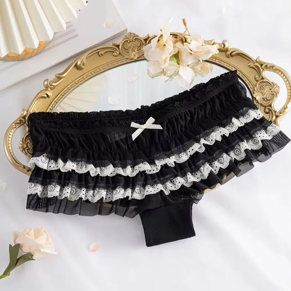 Cotton Crotch Women's Lace Panties Lace Trim Sweet Bow Ruffled Lace Panties Layered Ruffles Breathable Mesh Women's Underwear