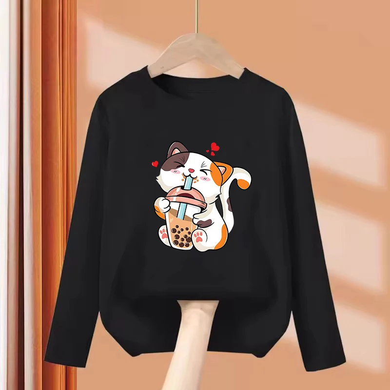 Fashion Happy Dog Drinking Juice T Shirts Long Sleeve Kids Children's T-shirt Boys Girls Summer Spring Casual Top Tee Shirt