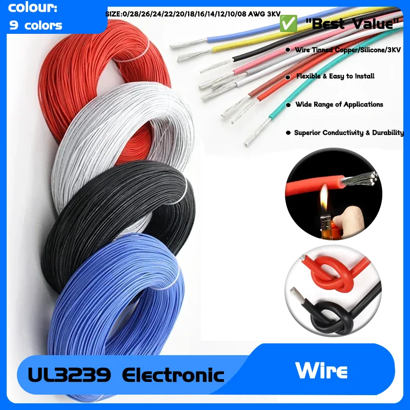 

30/28/26/24/22/20/18/16/14/12/10/08 AWG 3KV Soft Silicone Rubber Insulated DIY LED Tinned Copper Cable UL3239 Electronic Wire