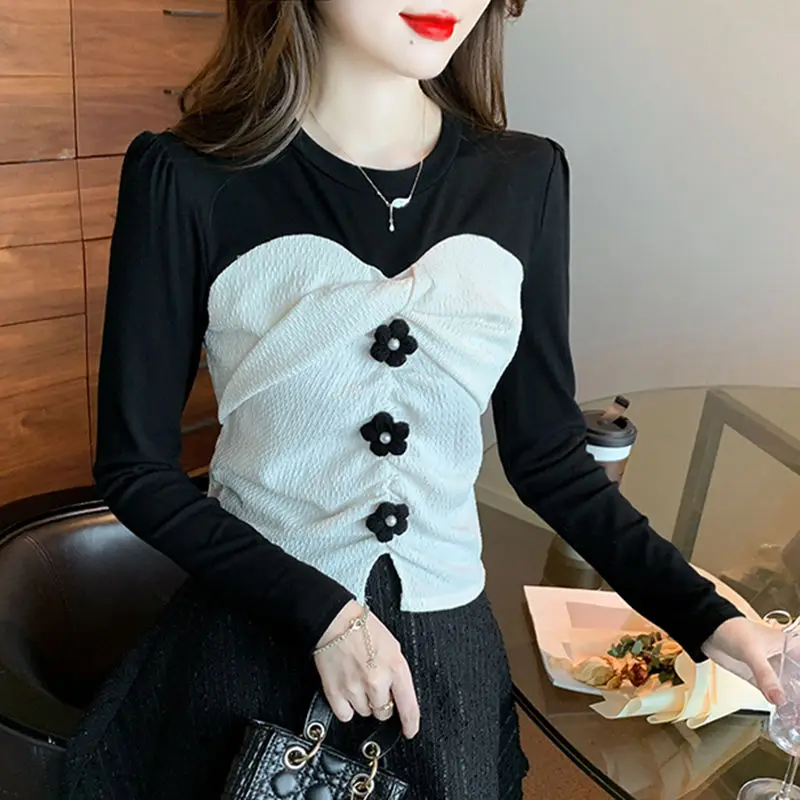 Contrast Patchwork Slim T Shirts Long Sleeve Pleated Korean Fake Two-piece Tops Tees Spring Autumn Fashion Sweet Women Clothing