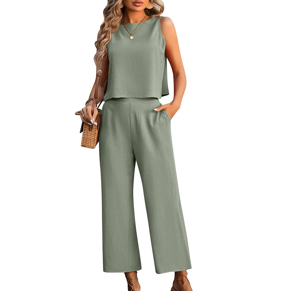 Terno feminino sem mangas, conjunto de calças de linho, roupa combinando, moda casual, verão, elegante, conjunto de 2 peças, 2022