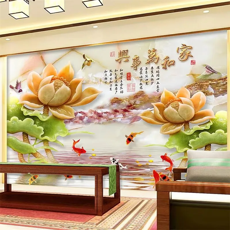 

Обои на заказ, 3D нефритовая резьба, лотос, дом и все, papel de parede, гостиная, спальня, ТВ, фон, стены, домашний декор