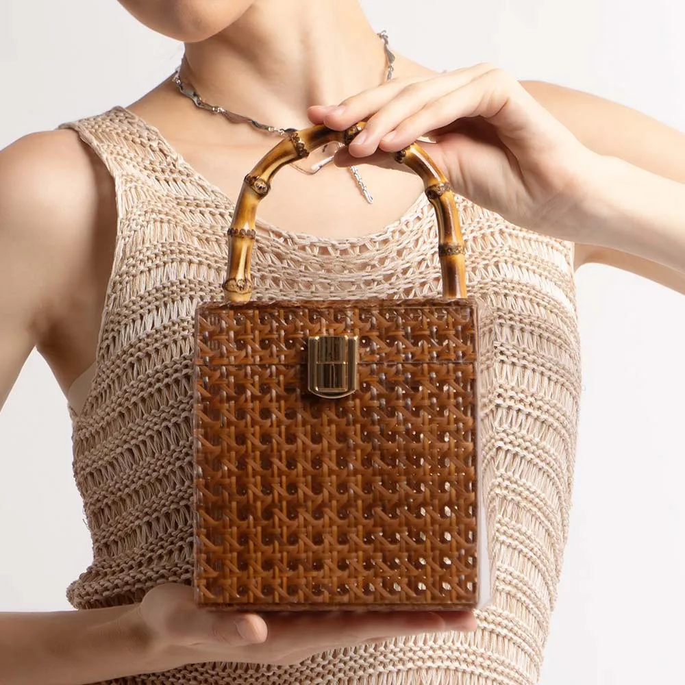 

Women Wedding Evening Clutch Bag Lady Box Handbag Female Designer Acrylic Rattan Bamboo Handle Summer Pro Gift Beach Totes