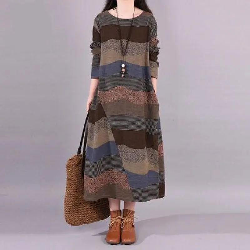 

New Arrival 2024 Spring Autumn Arts Style Women O-neck Loose Dress Long Sleeve Vintage Striped Cotton Casual Long Dresses