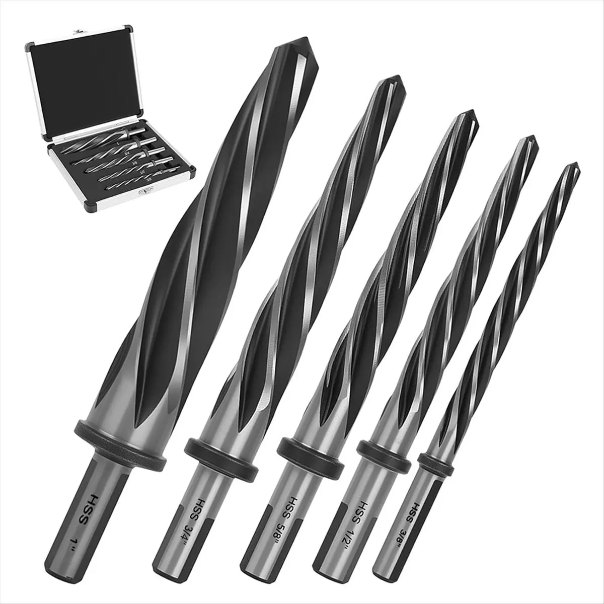 

5 PCS M2 HSS Taper Chucking Reamer Set for Steel, Metal, Wood, Alloy, 1/2" 3-Flat Shank