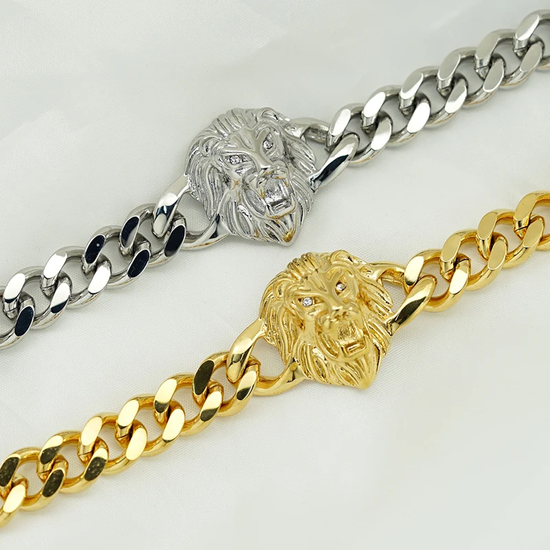 

Hip Hop Stainless Steel Lion Head Cuban Link Chain Bracelets for Men Rock Jewelry Gold Silver Color Drop Shipping