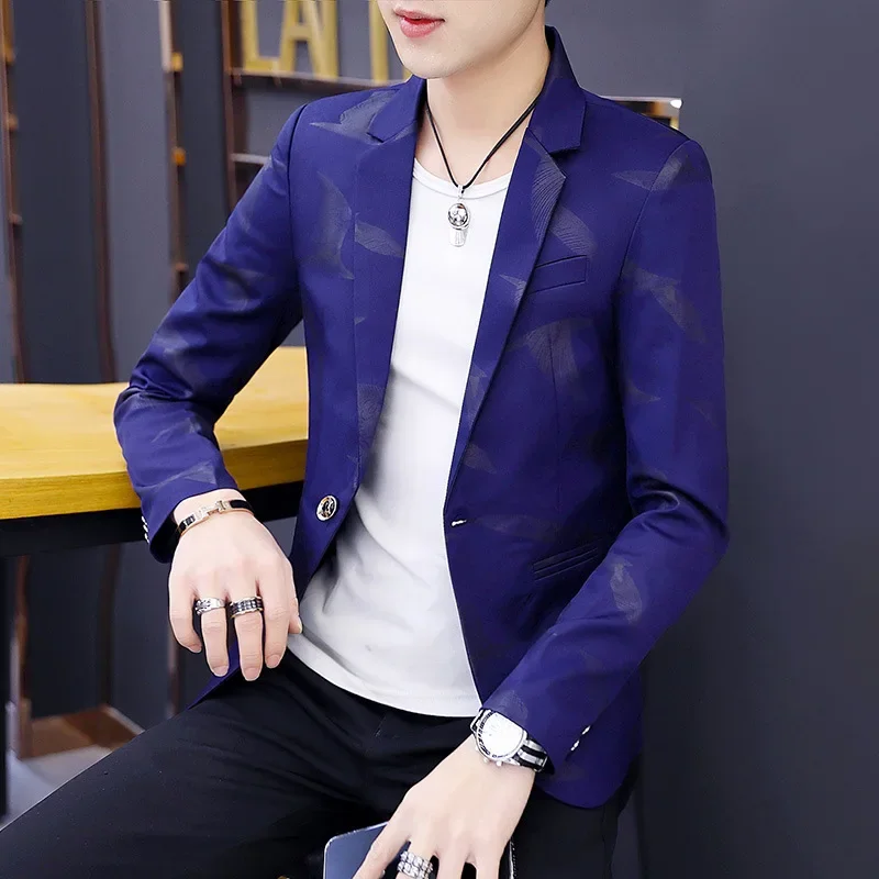 HOO 2024 new printed   men suit teenagers cultivate one's morality thin handsome blazer