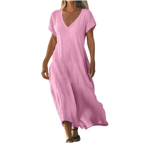 Imagen 2 del producto Vestido suelto de lino y algodón, vestido de verano para mujer, vestido de moda de color sólido con cuello en V, vestidos largos de manga corta, ropa de mujer