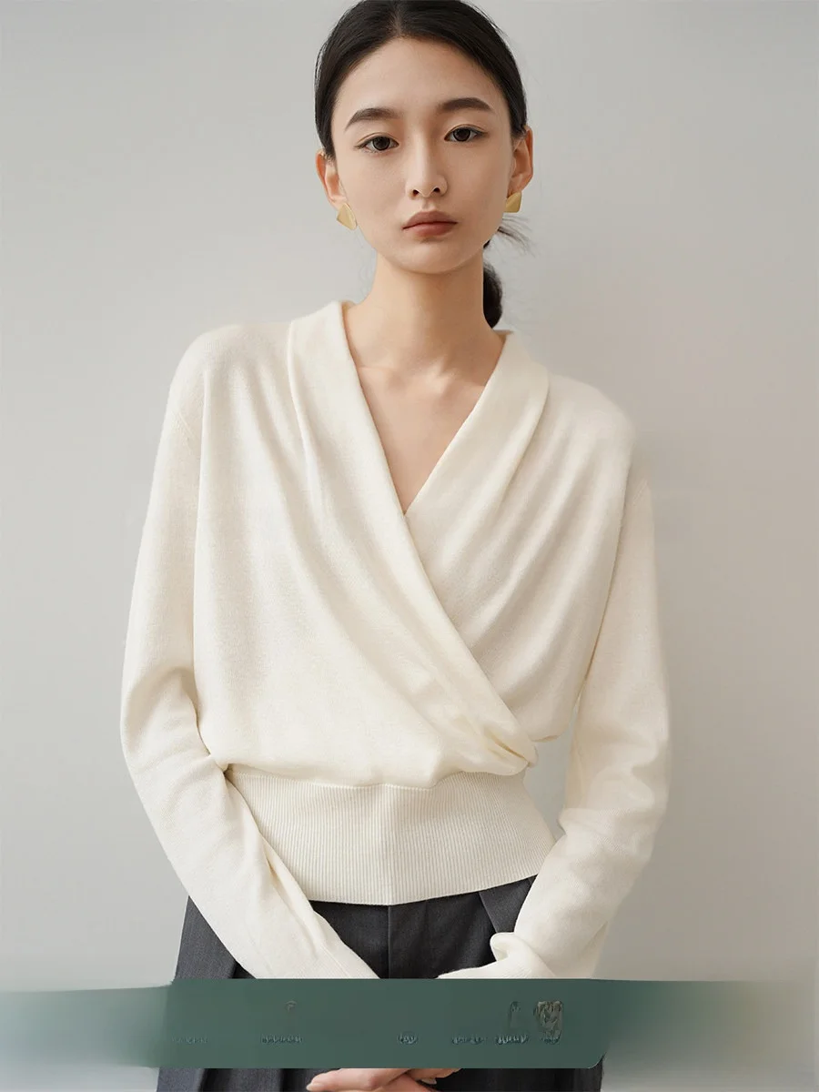 

Achu Women's Knitted V-ne Sweater Soft Loose Fit Long Sve Breathable Pure Color Commute Friendly Inner Wear Asymmetrical