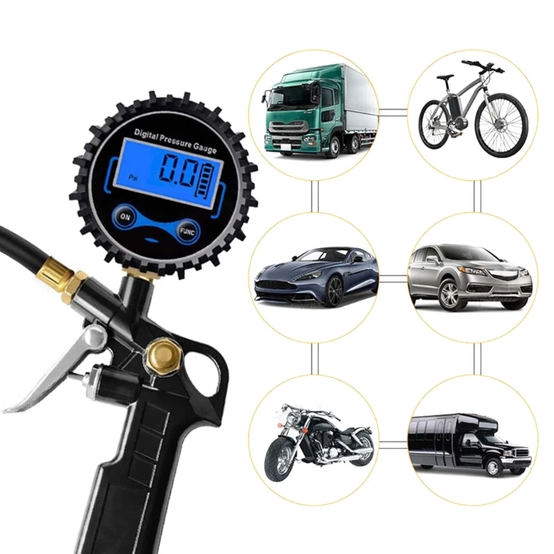 Car Truck Air Tire Inflator Digital Pressure Gauge with Air Chuck & Hose 200PSI