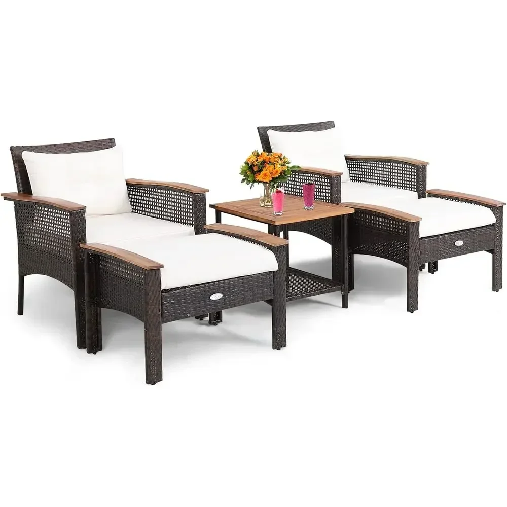 5-Piece Wicker Patio Furniture Set with Cushioned Chairs, Ottomans, and Storage Table for Outdoor Living Spaces