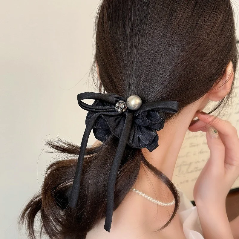 진주 리본 태슬 주름 원단 헤어 로프 여성용 우아한 심플 헤어 로프 패션 소녀 머리카락 손상 없음