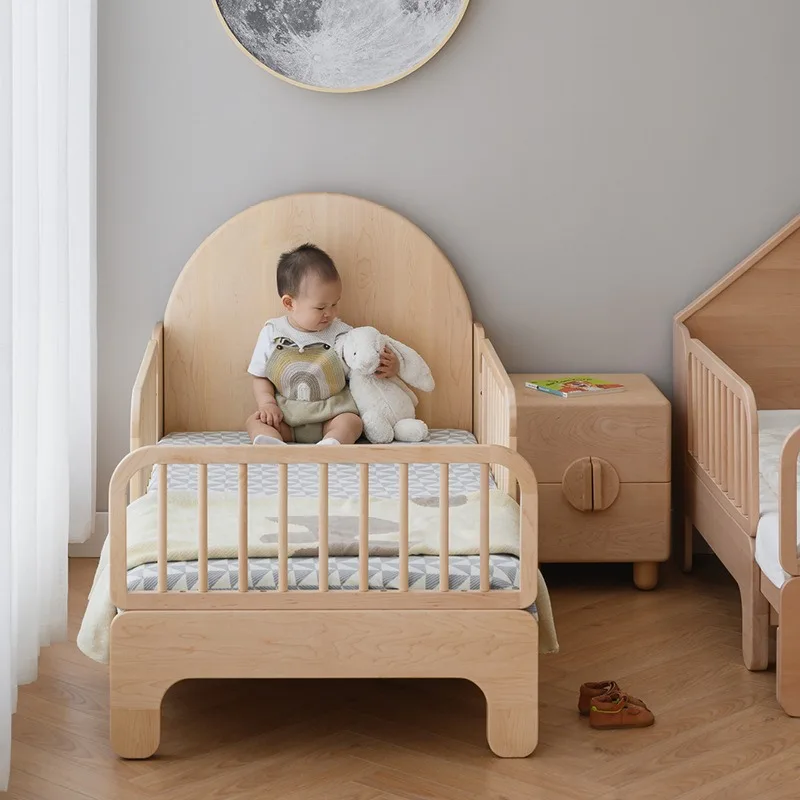 North American cherry wood children's bed telescopic pull-out bed with guardrail splicing bed crib