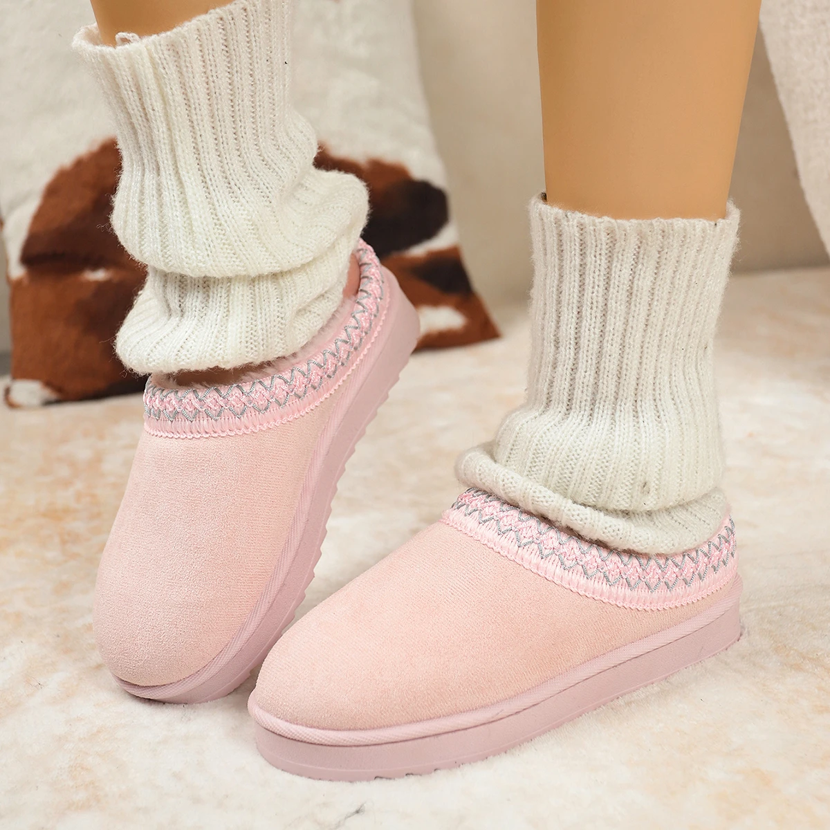 Warm Boots Anti Slip Low Cut Versatile Shoes for Women Faux Fur Lined Flat Bottom Snow Boots Large Size Casual Ruffle Boots