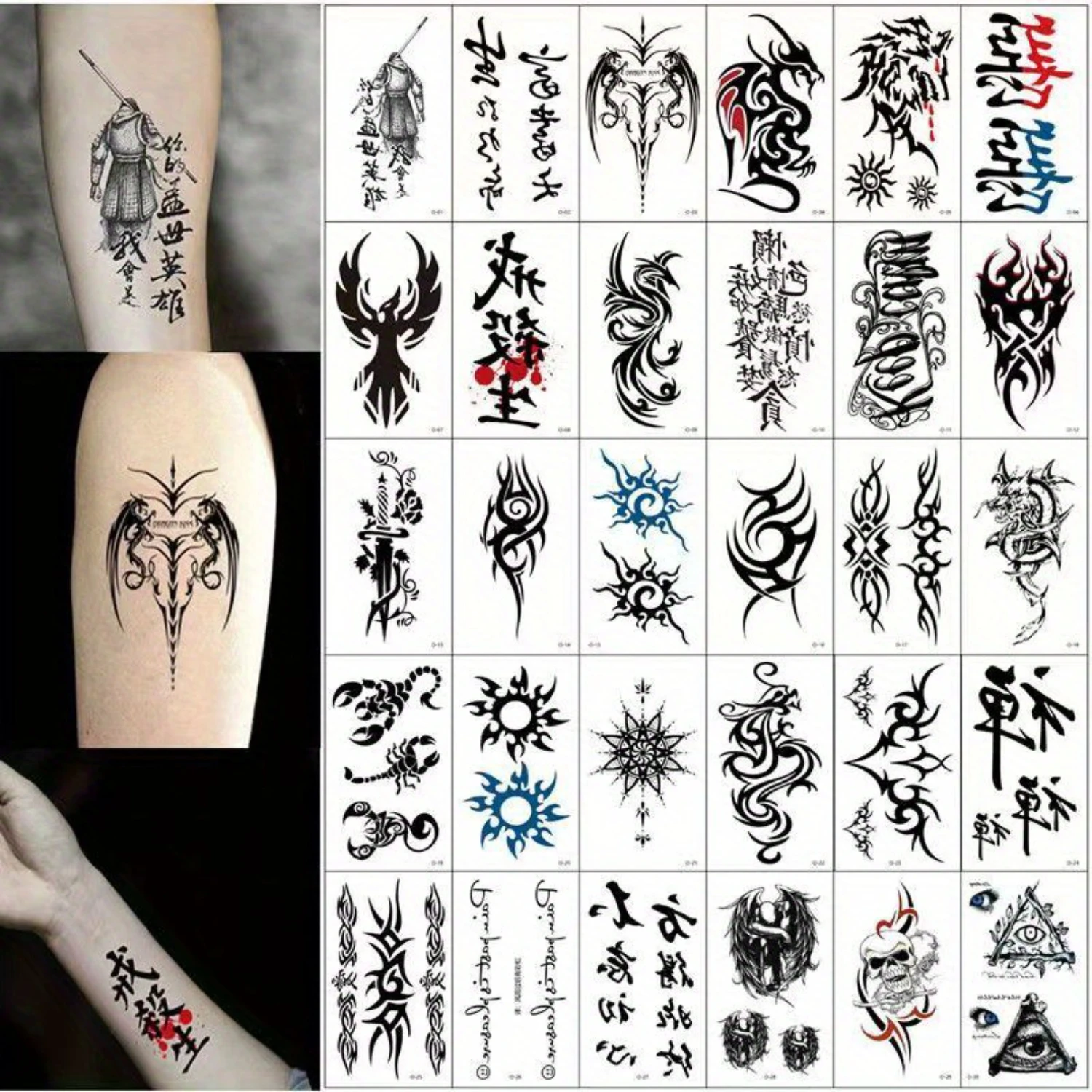 30-Pack Realistic Temporary Tattoos - Waterproof & Long-Lasting Chinese Abstract Designs for Arms, Legs & Back - Adult-Friendly,