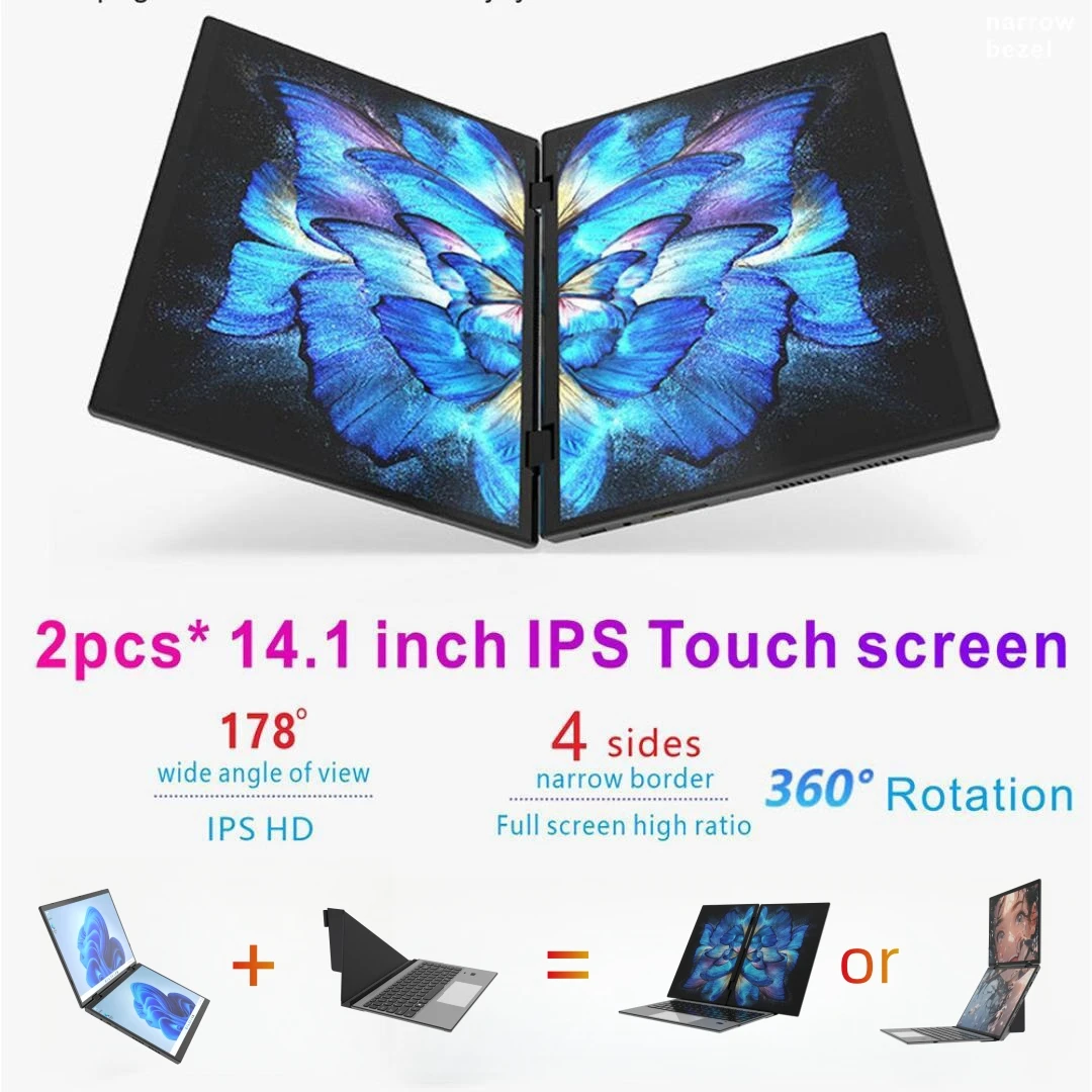 EUA STOCK 14 polegadas 2K IPS Touch Double Notebook N95 Dual 2 Screen Gaming 32GB RAM 1TB YOGA Laptop PC