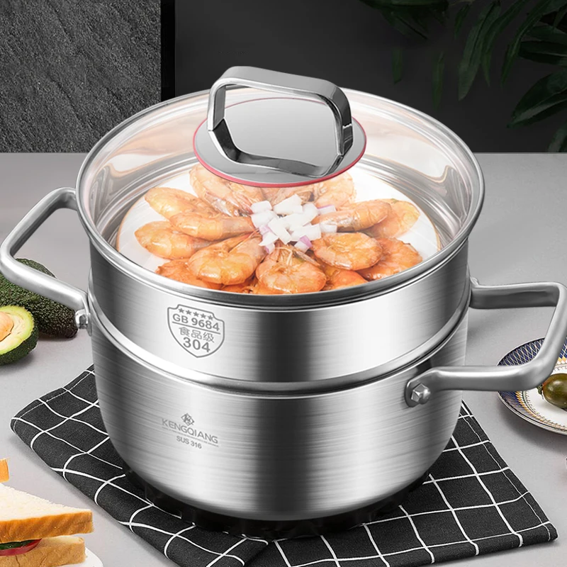 316 Stainless Steel Soup Pot Induction Cooker Gas Stove Household Uncoated Steaming Boiling Stewing Fried Hot Pot Binaural Pan