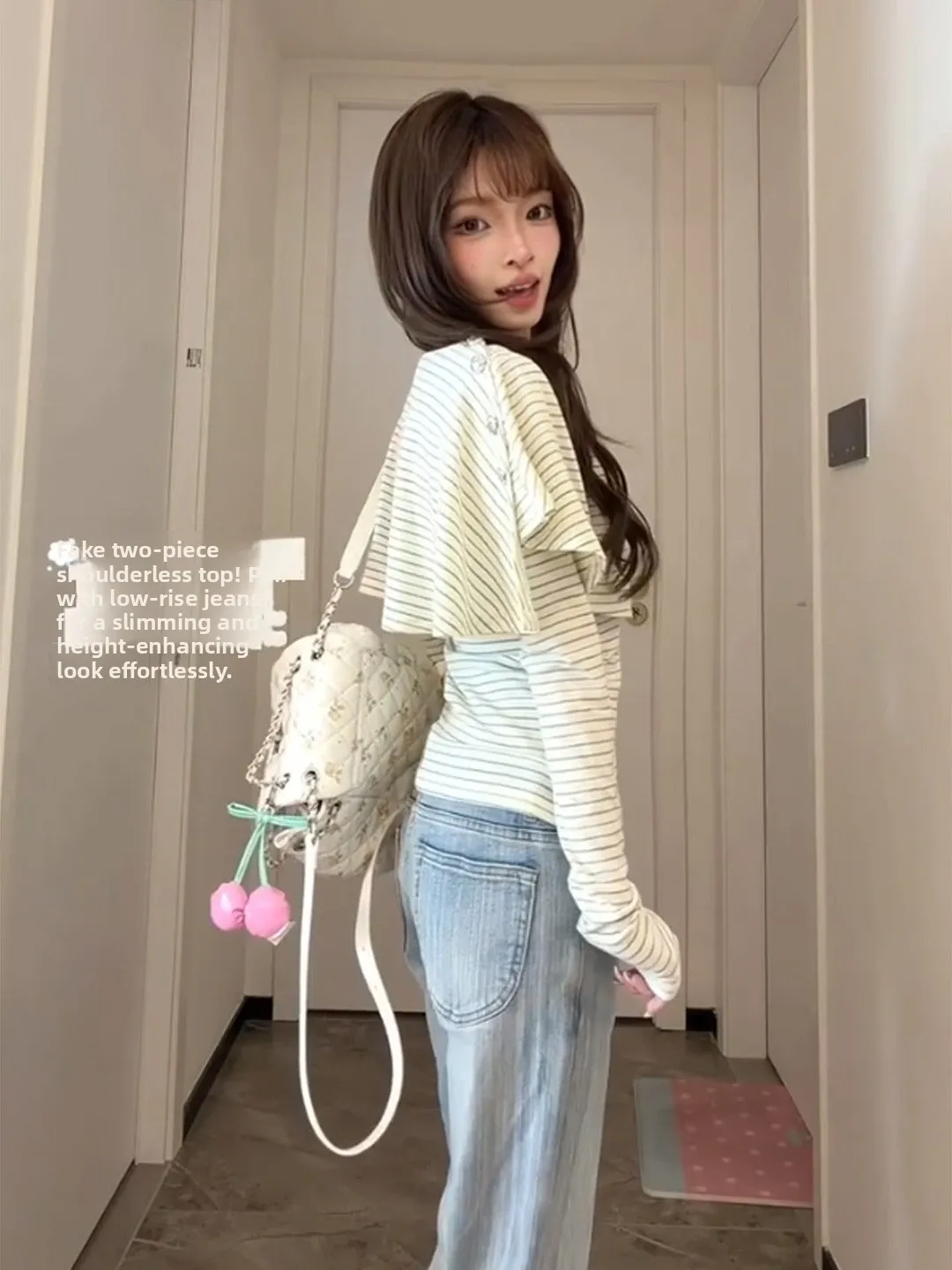 Korean Style Sweet Girl Cowl Neck Stripe Long Sleeve T-Shirt Women's Slim Fit Top False Two-Piece Design Autumn Fashion