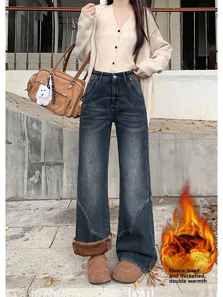 

Ретро джинсы из денима с микро-клешем, на флисовой подкладке, утепленные, женские, больших размеров, с высокой талией, свободные, не прилипающие, широкие штанины, длина в пол