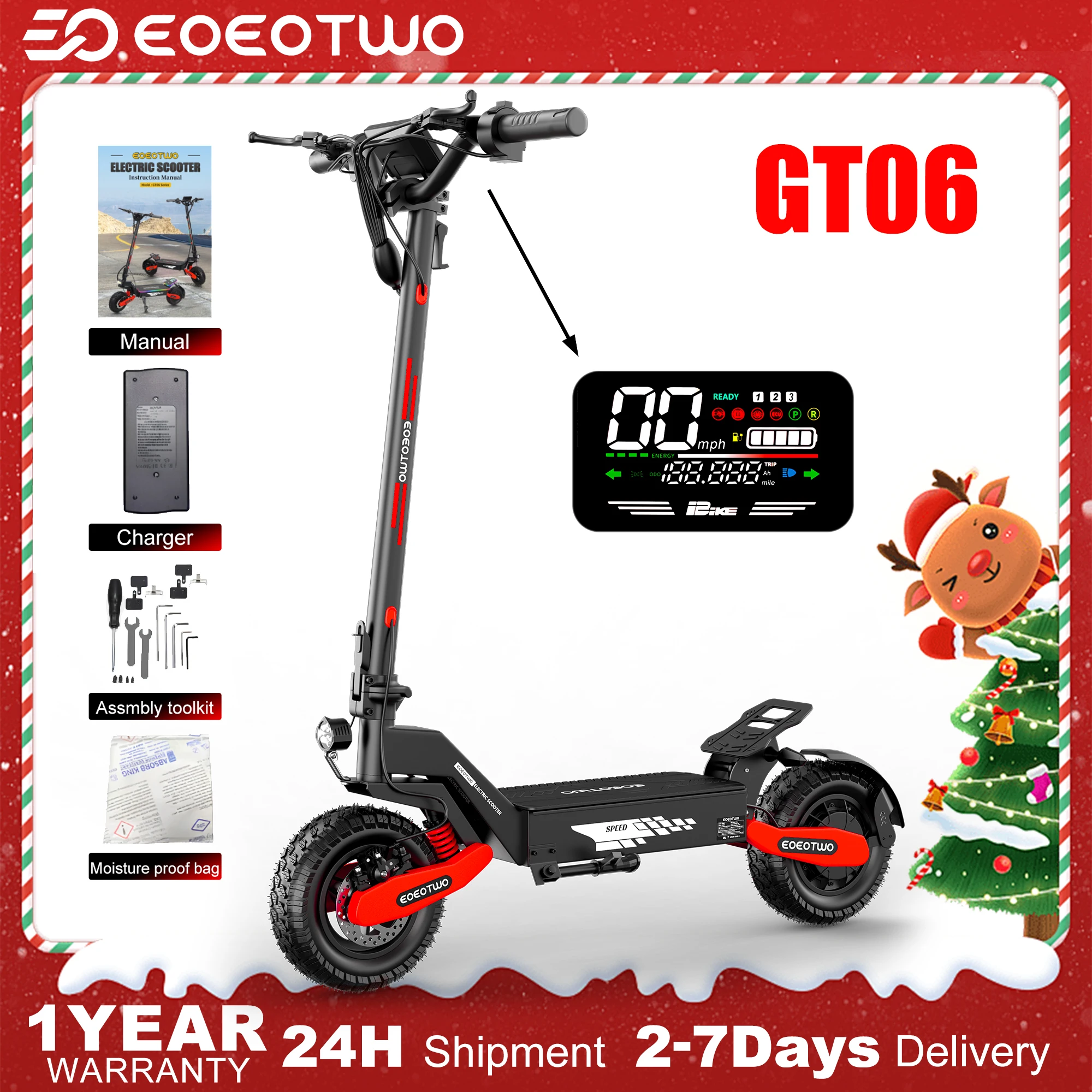 

EOEOTWO GT06 Electric Scooter,1200W Motor,40/20Miles Range&30mph,11'' Off Road Tires,Dual Suspension E-Scooter+1 Year Warranty
