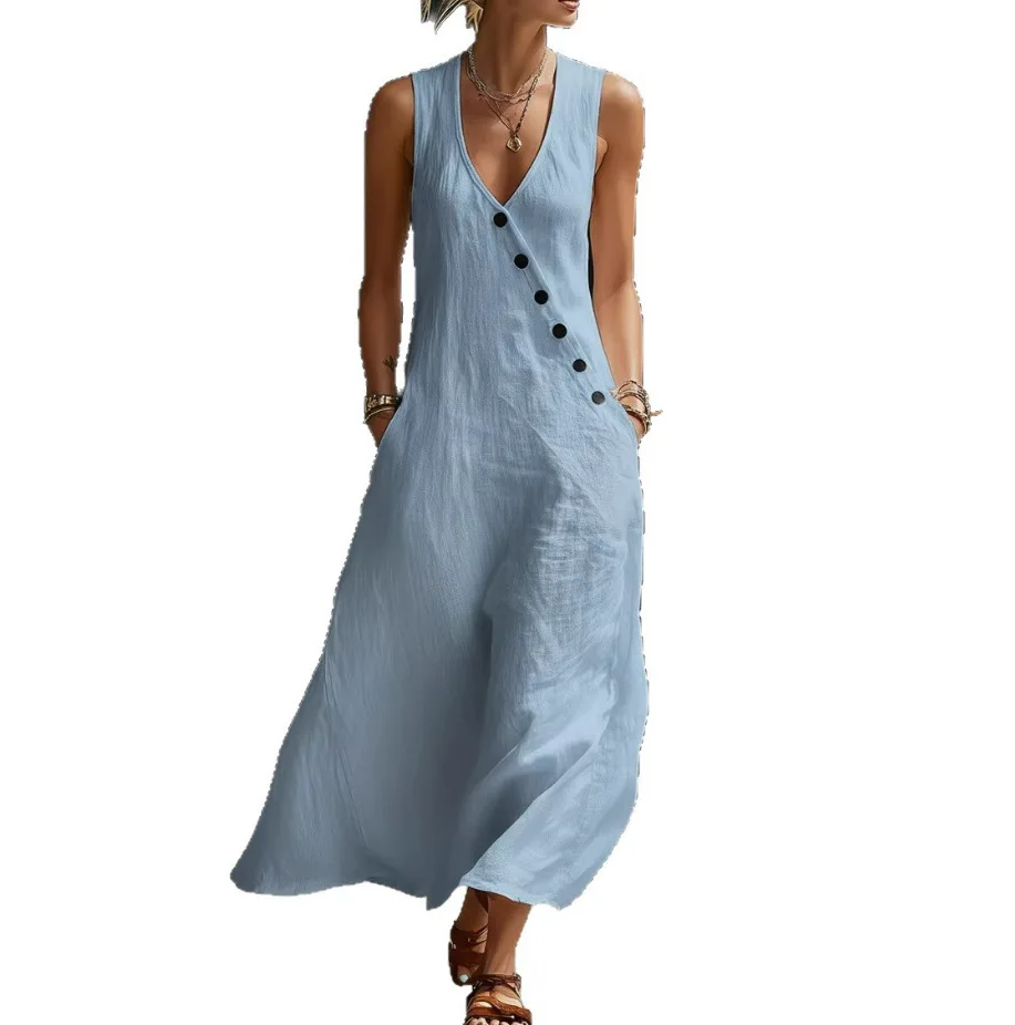 2026 Sommer Damen Baumwoll-Leinen A-Linien-Maxikleid mit V-Ausschnitt, ärmellos, asymmetrisch, Knopfleiste, Westenkleid, locker geschnitten, lässig, für den Urlaub am Strand – Detail 17
