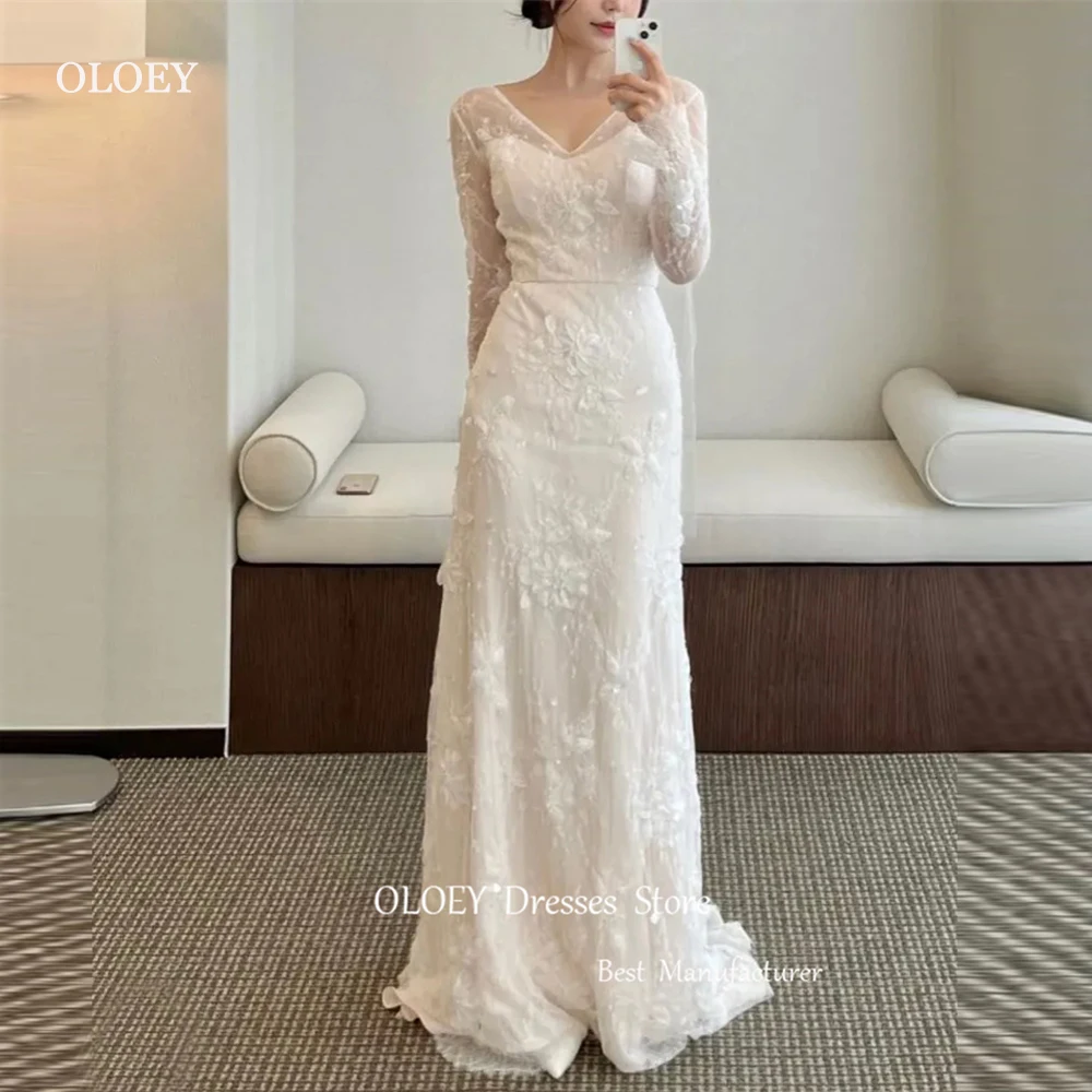 

OLOEY Modest A Line Lace Korea Wedding Dresses Long Sleeves V Neck Floor Length Bridal Gowns Photo shoot Corset Back 2024