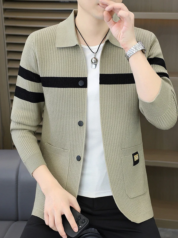 

Мужской повседневный вязаный кардиган с воротником в стиле пэчворк, цвет весны и осени, брендовый свитер высокого класса, пальто из полиэфирного волокна