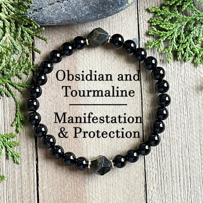 Pulsera con pantalla de color de 18 mm, pulsera de protección energética, pulsera de turmalina negra y cristal de zafiro, pulsera de cristal