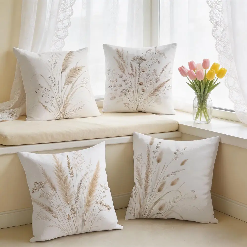 Boho Neutral Pressed Wildflower Cushion Cover Double-Sided Plush Sofa Cushion Covers Organic Breathable Invisible Zipper