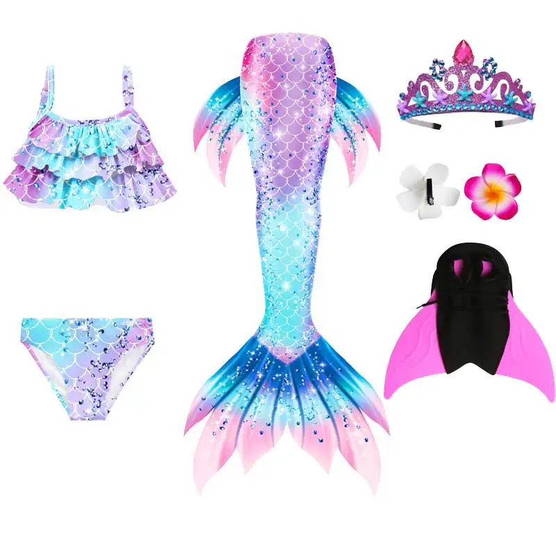 Swimming Mermaid Tail For Girls Kids Beach Dress Pool Swimming Suit With Monofin Hand Fin Mermaid Cosplay Anime Costume