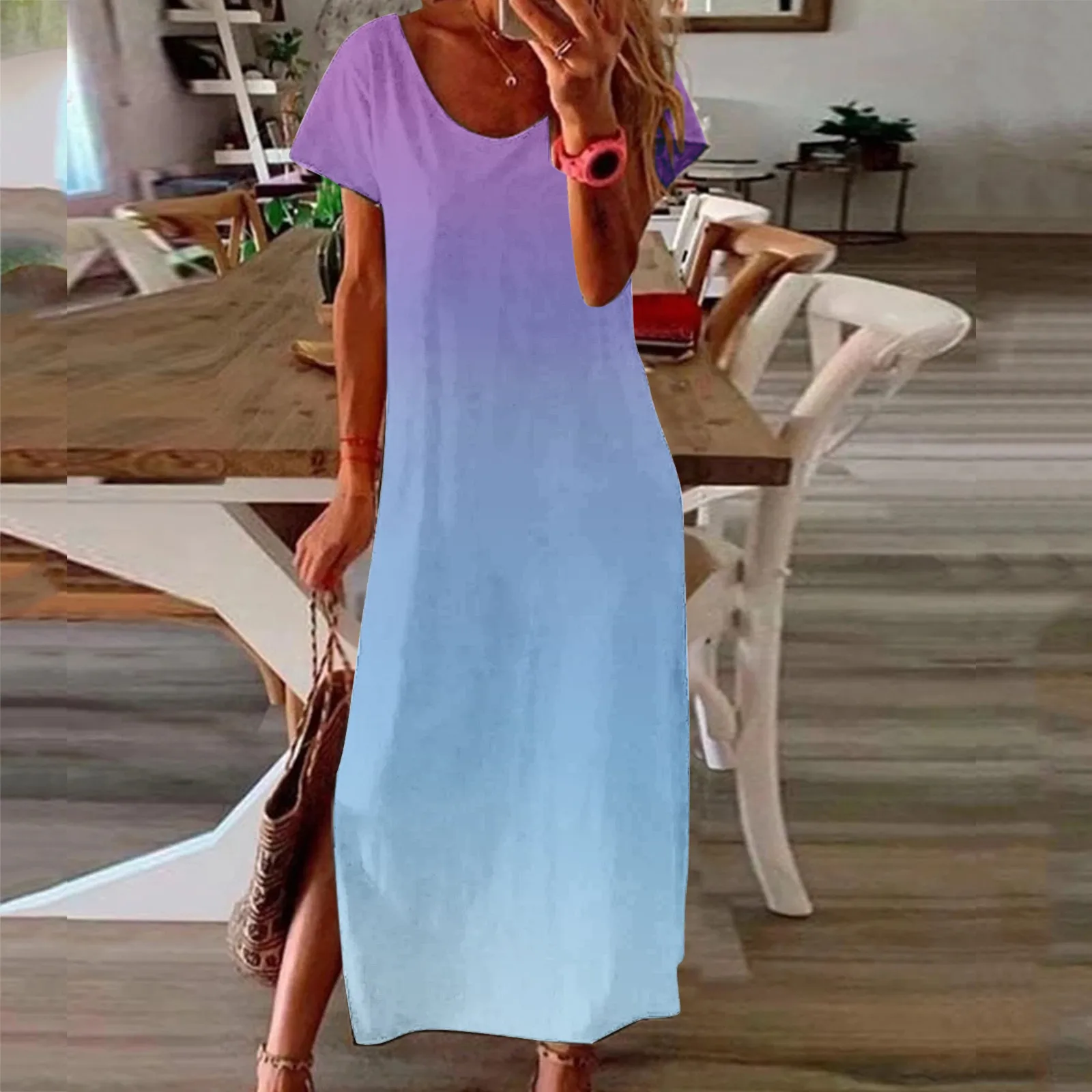 Women's Casual Summer Dress Fashion Short Sleeve Gradient Print Long Tees Dress Loose Bohemian Side Split Maxi Dress Robe Femme