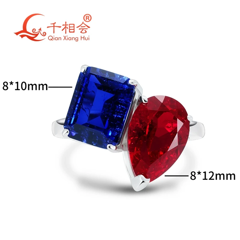 

lab grown Pigeon blood red ruby Royal blue sapphire Emerald and pear stone with Ring Silver 925 Wedding Engagement Women gift