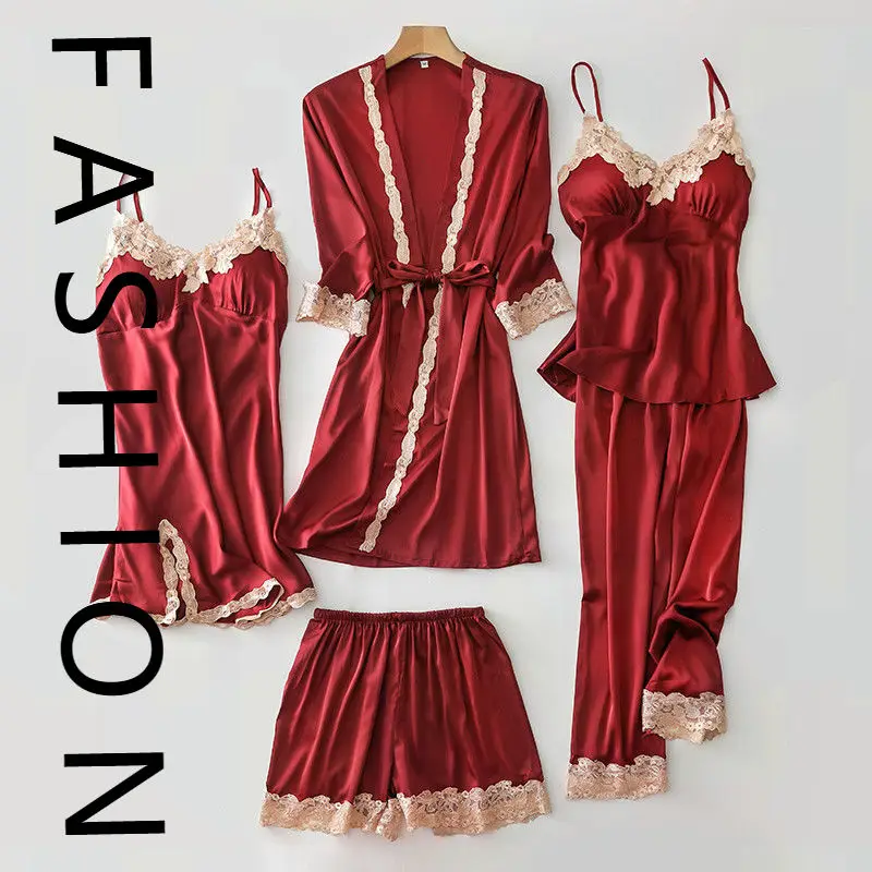 

Spring and summer pajamas female sexy five-piece set ice silk long-sleeved nightgown pure desire wind v-neck suspender nightdres