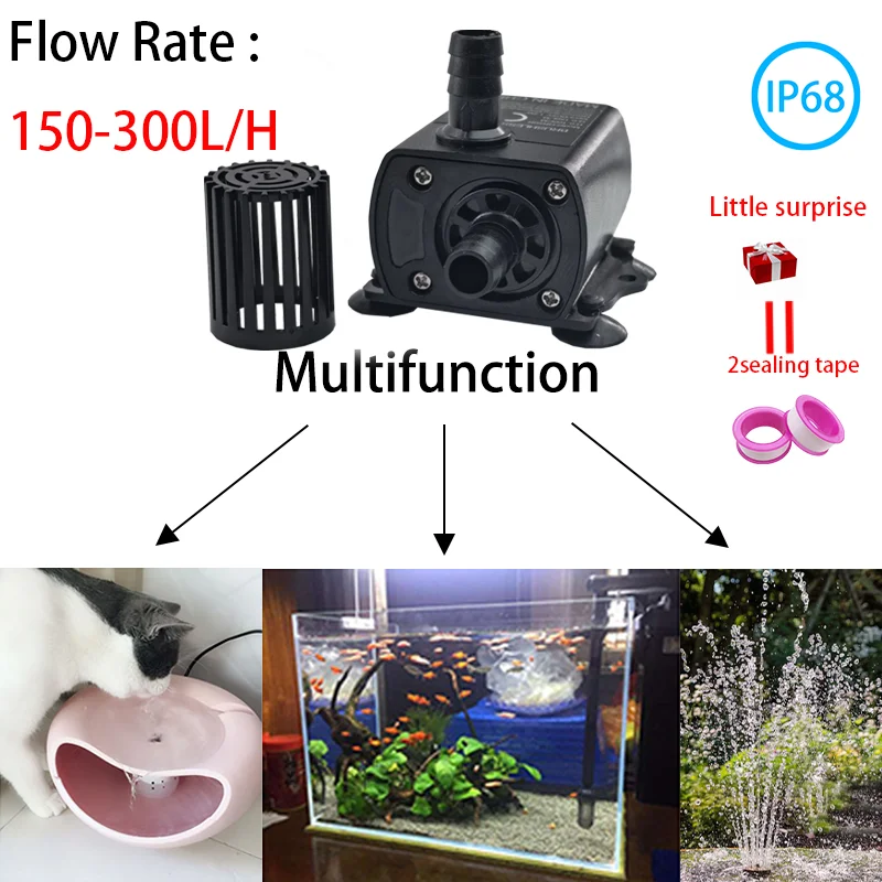 

IP68 miniature DC brushless submersible pump 300L/H is widely used in pet drinking water, rockery, water scenery and other field