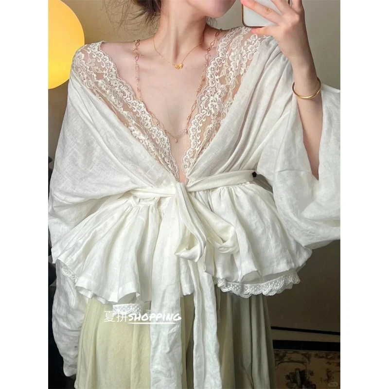 

Elegant Lace Patchwork Shirts for Women, Vintage Sexy V Neck Bandage Blouses, Fairy Style Long Sleeve Casual Tops, Outfit Shirts