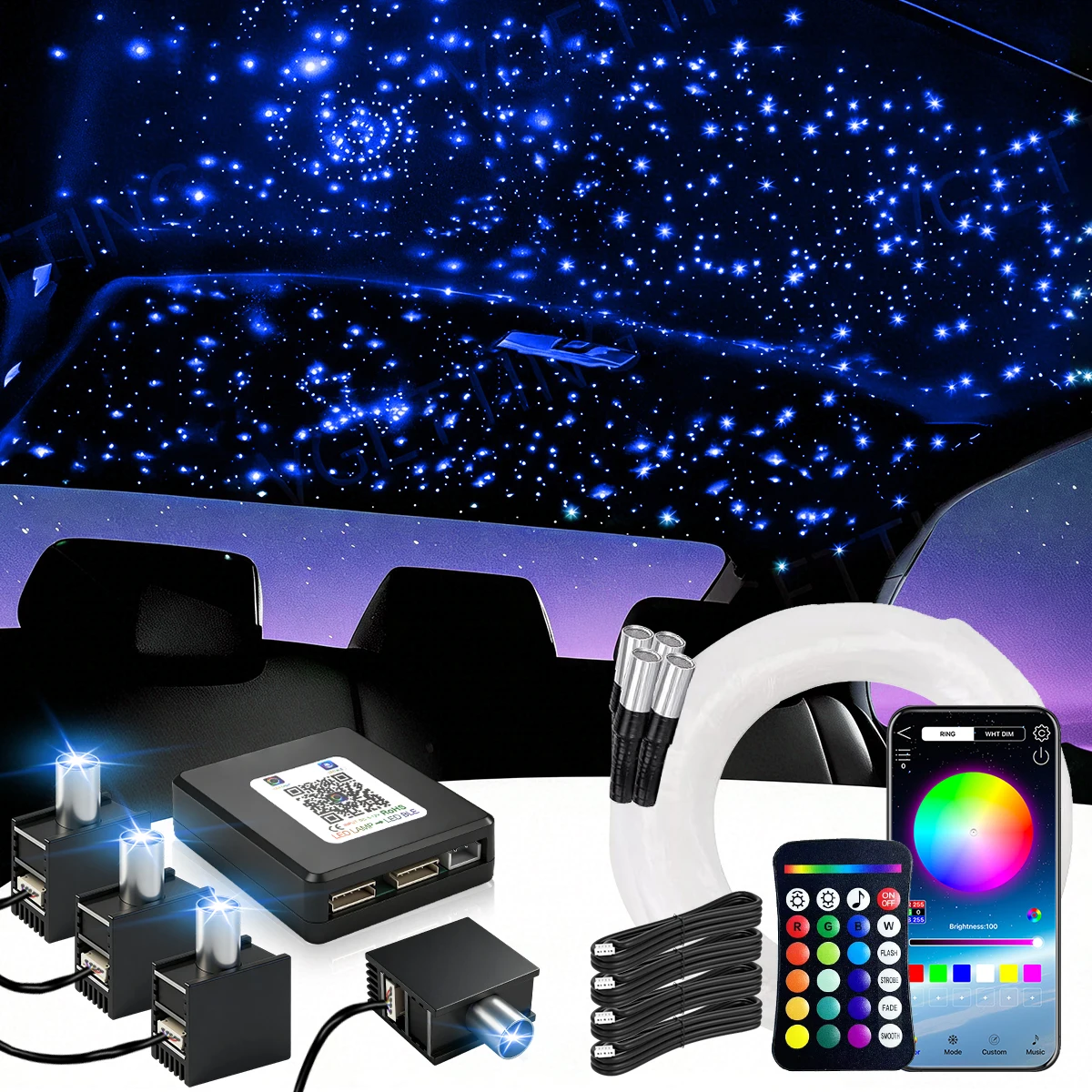 Image of 16W Split‑Sternenhimmel‑Kit, RGBW‑Glasfaser‑Sternleuchten für Autodach, mit 1/2/4 Lichtköpfen, Steuerung per APP und Fernbedienung