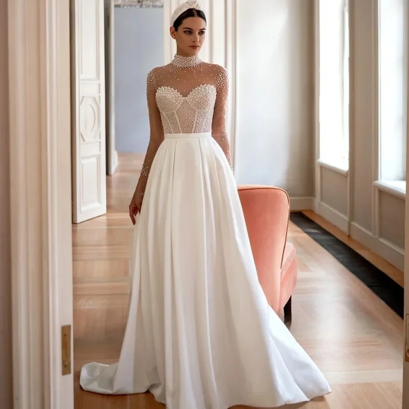 

Customized Luxurious Pearls Wedding Dress High Collar Long Sleeve A-line Bridal Gown Sweetheart Princess Ball Bride Dress