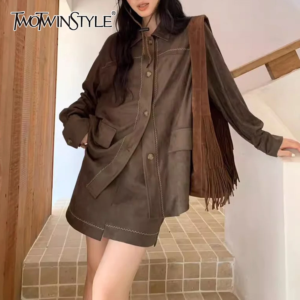 

TWOTWINSTYLE Coffee Spliced Pocket Two Piece Set Female Lapel Long Sleeve Shirt Casual Women's Short Pants Set Fashion Style New